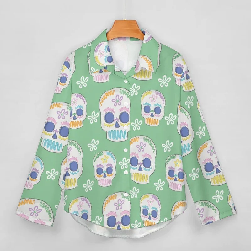 Women's Green Sugar Skulls Long Sleeve Blouse