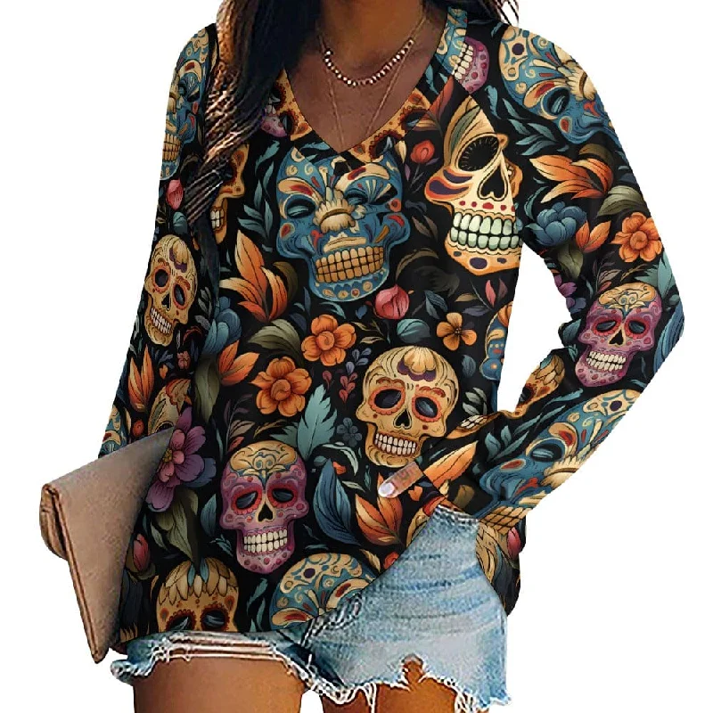 Women's Laughing Skulls Floral Long sleeve Loose Top