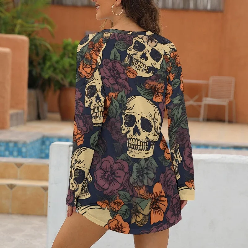 Women's Long Skull Floral Crew Neck Long Sleeve Top