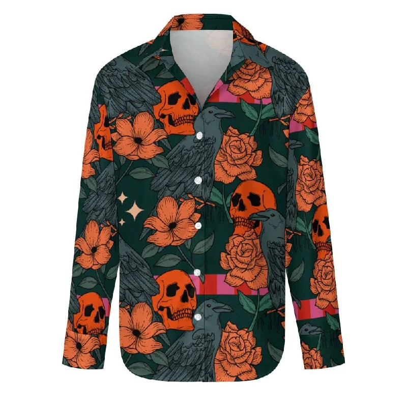 Women's Orange Roses 👩‍🦰️💀👚 Long Sleeved Blouse