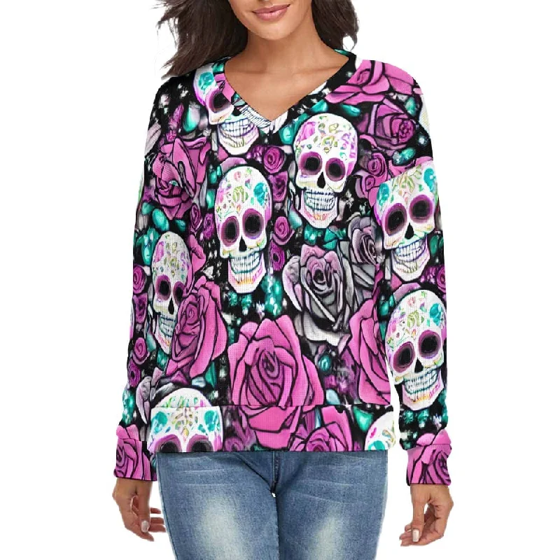 Women's Pink Floral Skulls V-Neck Long Sleeve Sweater