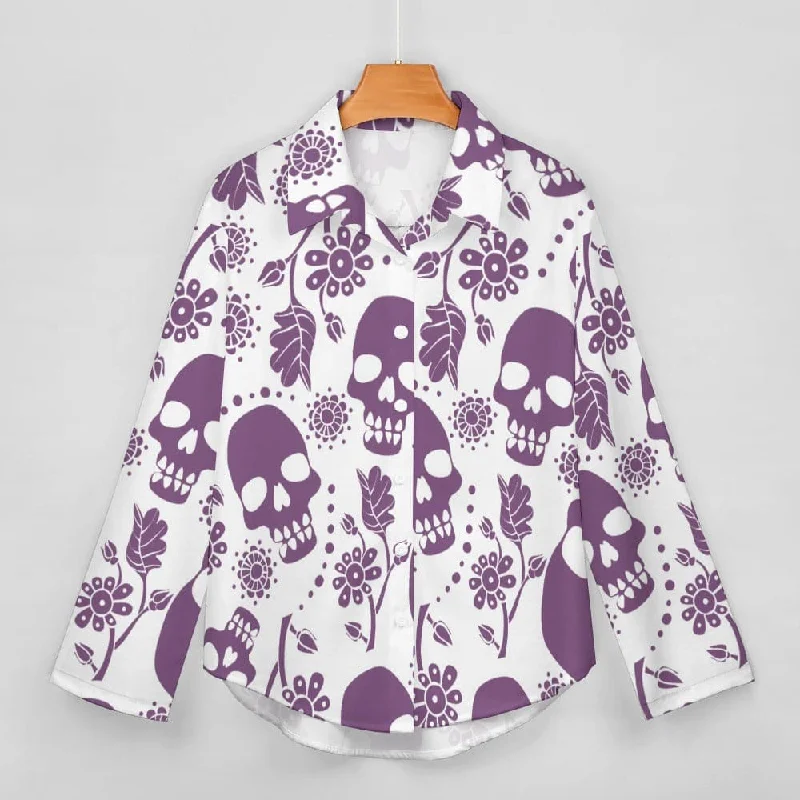 Women's Purple Skull Floral Long Sleeve Blouse