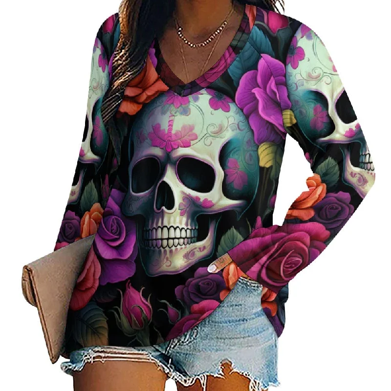 Women's 💀👩 Skull Floral Long Sleeve Loose Top