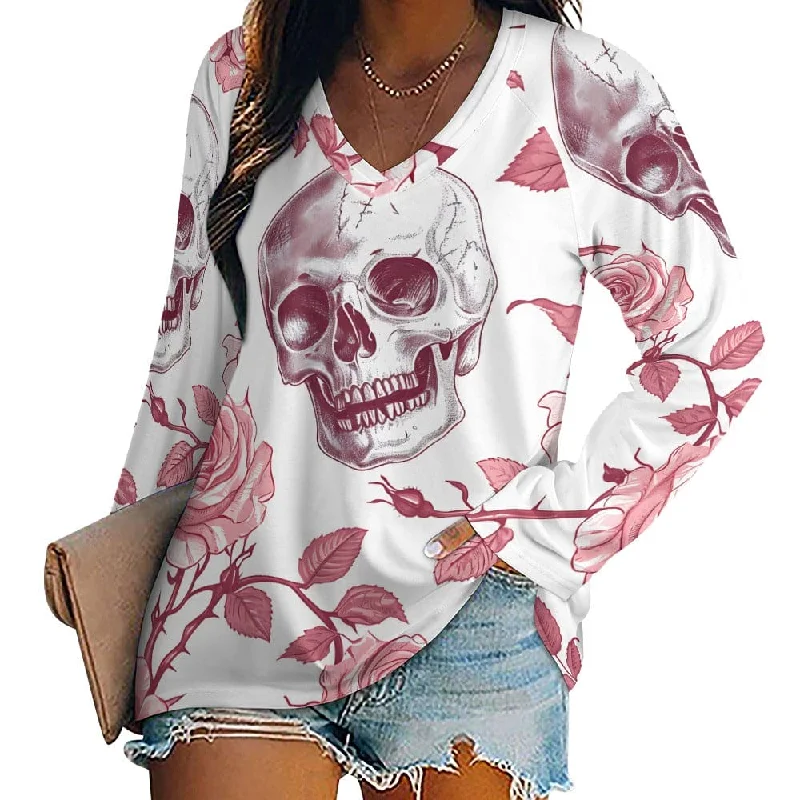 Women's Skull Pink Flowers Long Sleeve Loose Tee