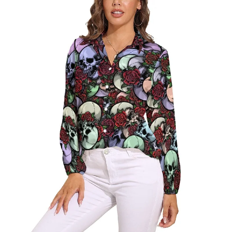 Women's Skull & Red Roses Vintage Casual Long Sleeve Blouse