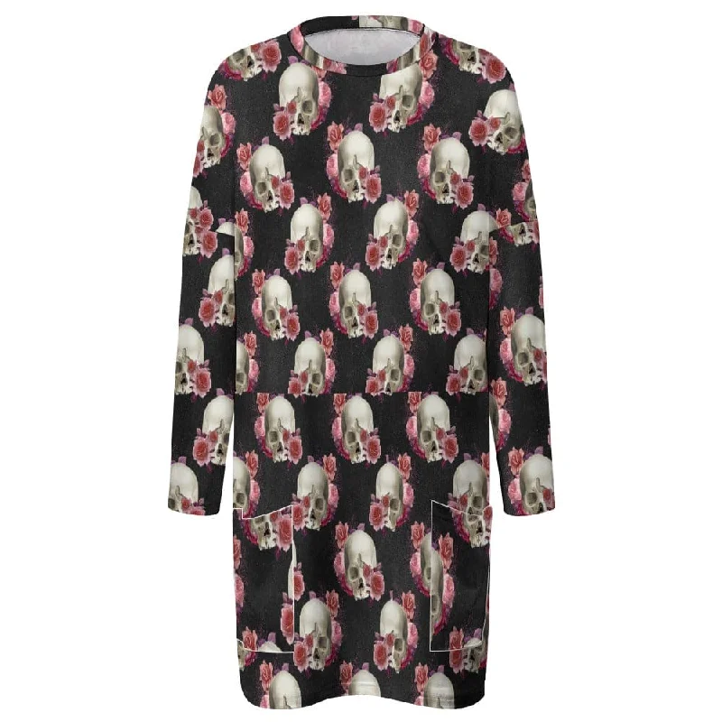 Women's Skulls & Roses Long Sleeve Front Pockets Long Top