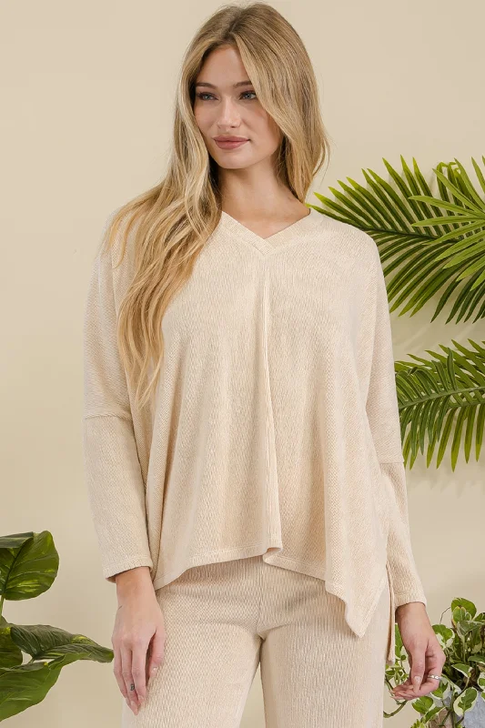 Women's Texture V-neck Long Sleeves Top