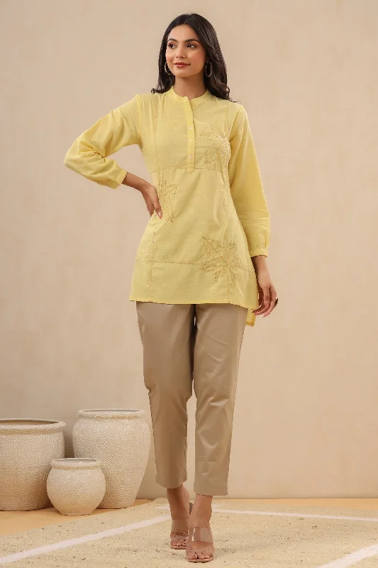 Yellow Cotton Slub Embroidered High-Low Tunic