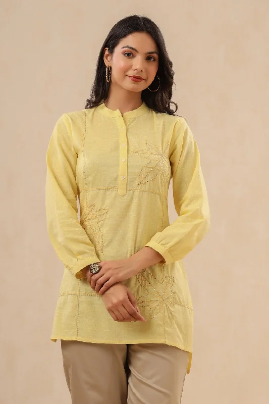 Yellow Cotton Slub Embroidered High-Low Tunic