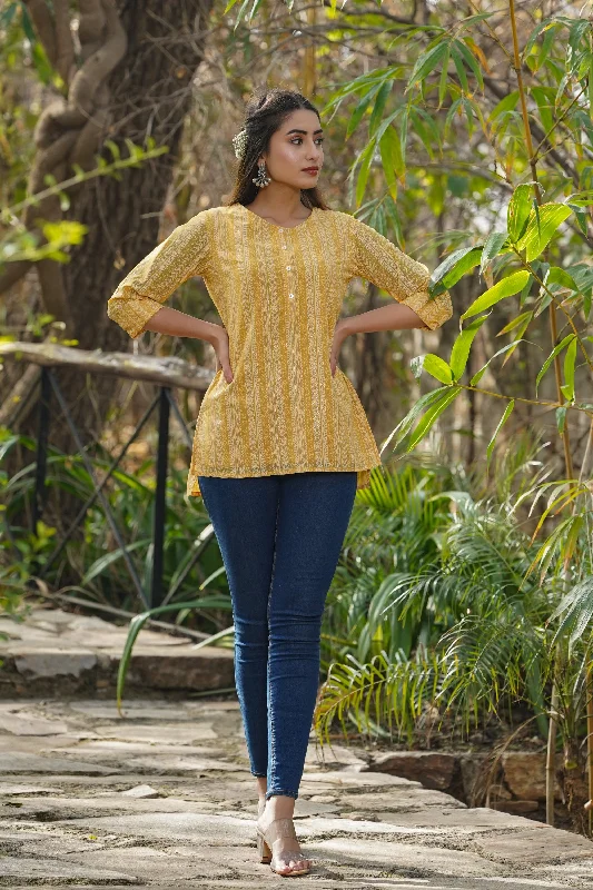 Yellow Georgette Printed High-Low Tunic