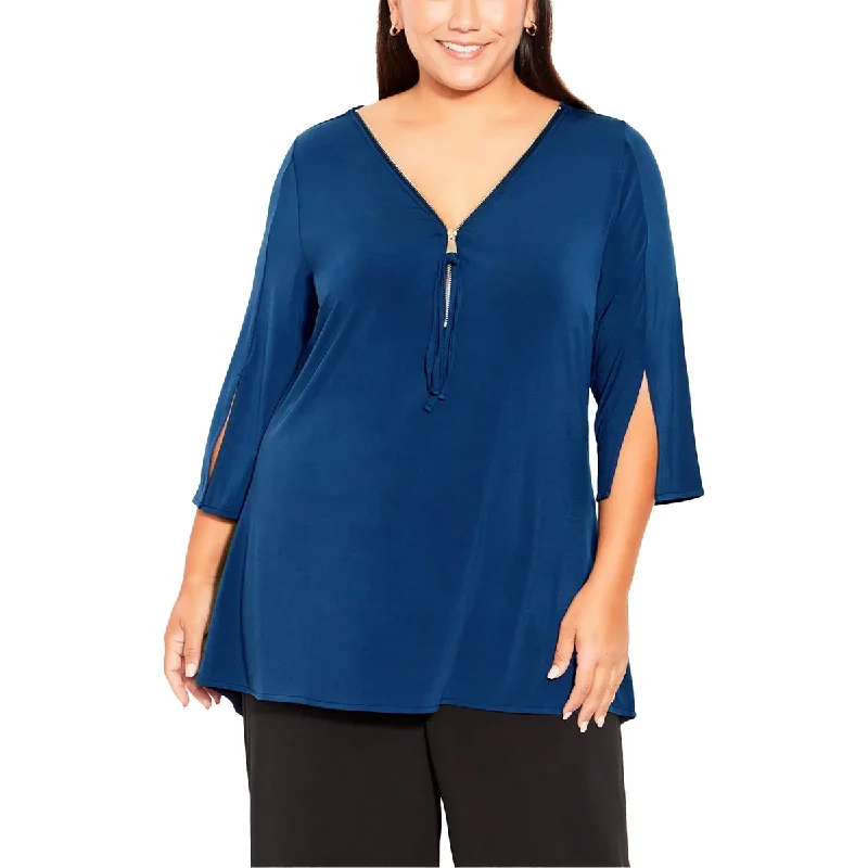 Avenue Womens Plus Zipper Split Sleeve Tunic Top