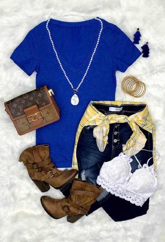 BASIC SHORT SLEEVE DEEP V-NECK TEE - ROYAL