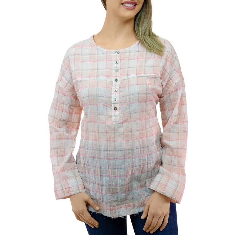 Beach Lunch Lounge Womens Mia Pucker Plaid Round Neck Tunic Top