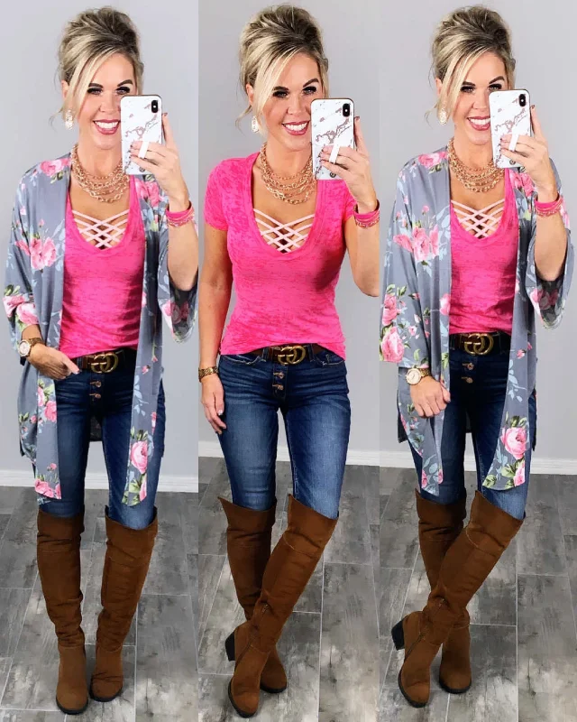 BASIC BURNOUT DEEP V-NECK TEE - FUSCHIA