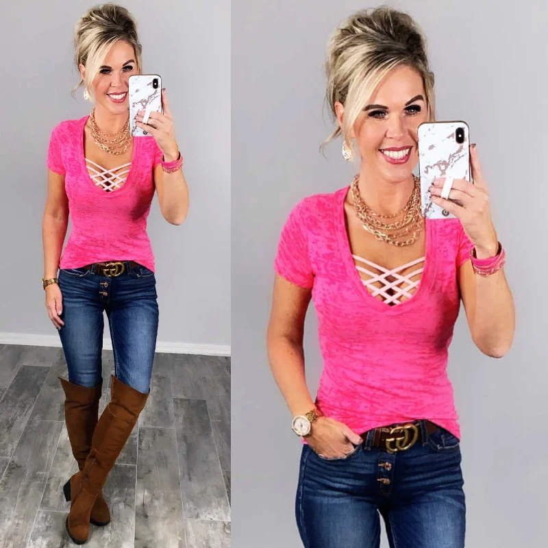 BASIC BURNOUT DEEP V-NECK TEE - FUSCHIA