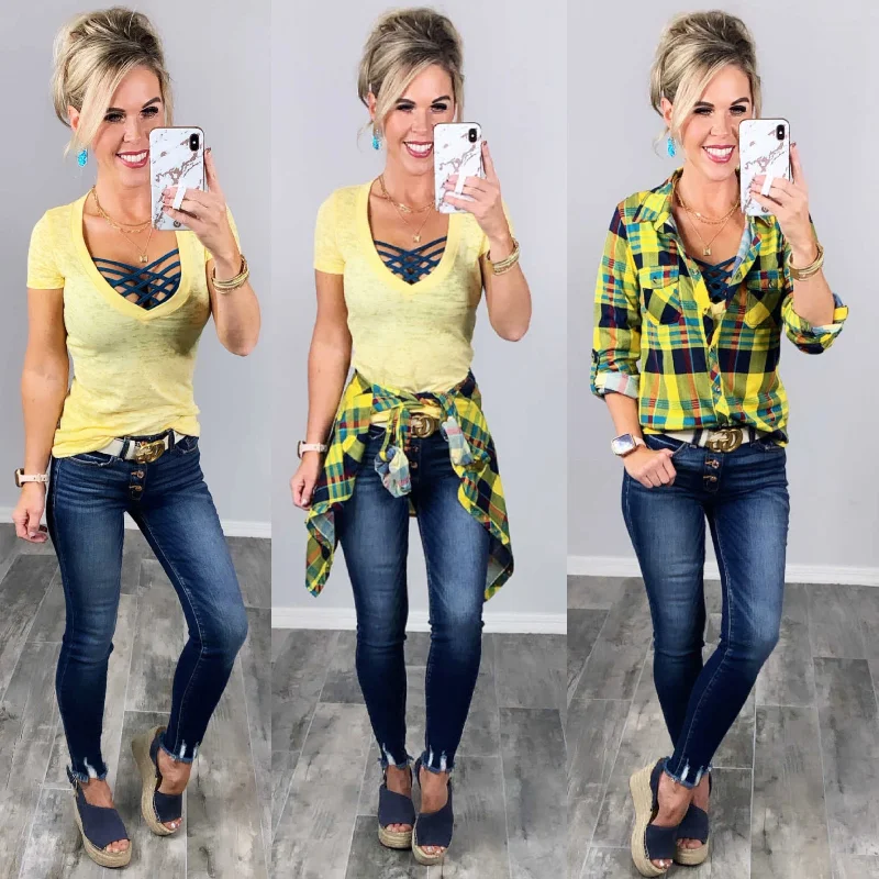 BASIC BURNOUT DEEP V-NECK TEE - LEMON