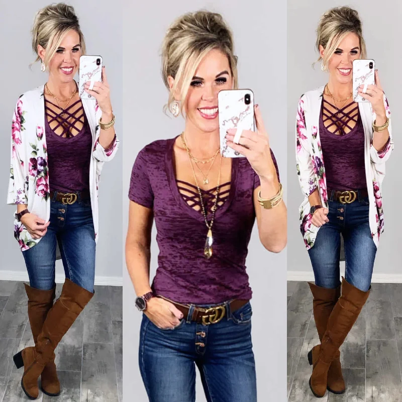 BASIC BURNOUT DEEP V-NECK TEE - PLUM