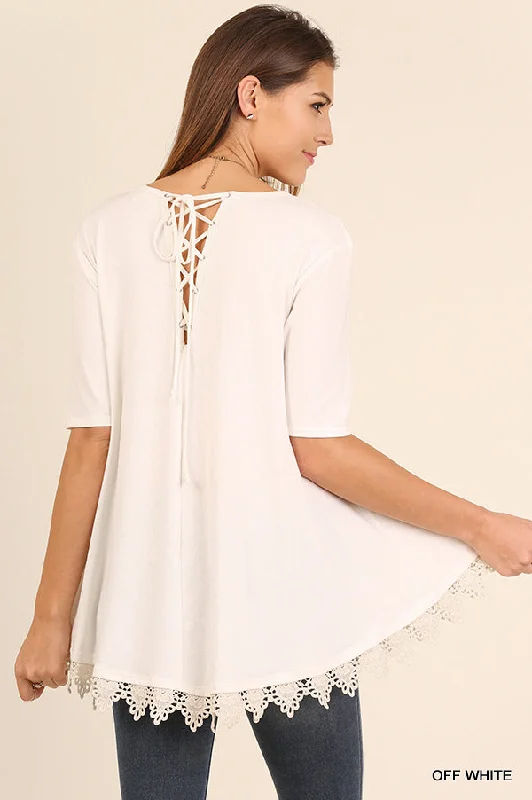 Crochet Lace Up Drawstring Tunic, Off White