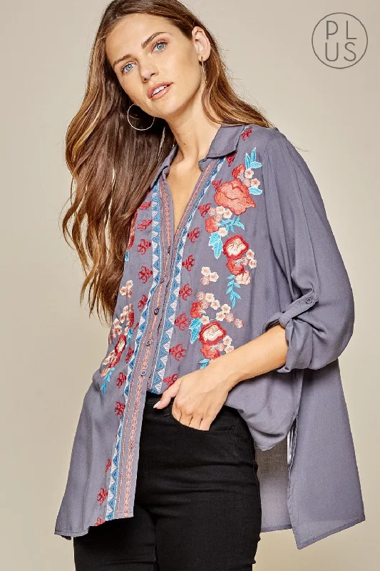 Floral Embroidered Tunic, Grey