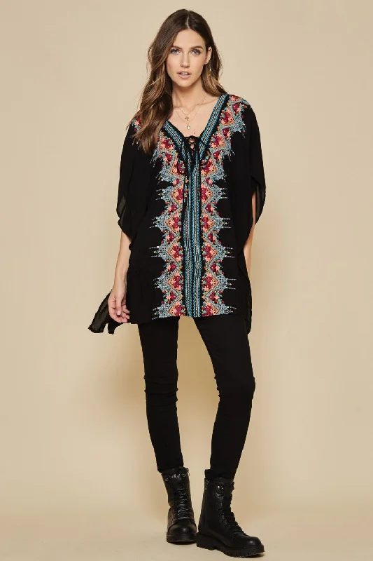 Floral Embroidered Lace Up Tunic, Black