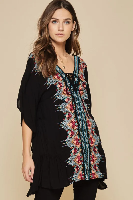 Floral Embroidered Lace Up Tunic, Black