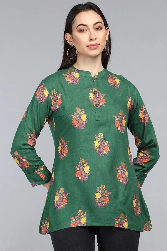 Green Cotton Ethnic Motifs Regular Tunic Top