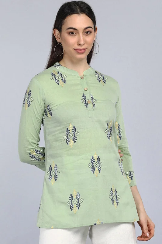 Green Cotton Ethnic Motifs Regular Tunic Top