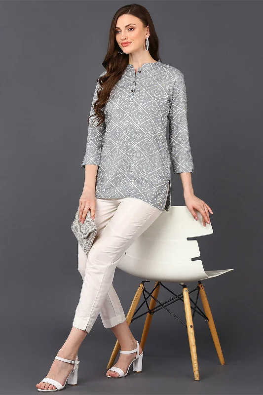 Grey Cotton Blend Bandhani Printed Straight Tunic