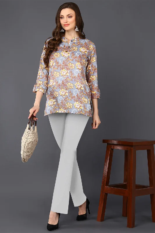 Grey Floral Cotton Blend Printed Straight Tunic