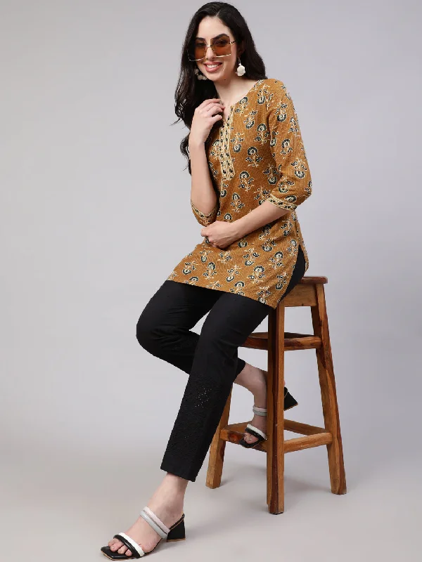 Women Mustard Straight Tunic With Three Quaretr Sleeves