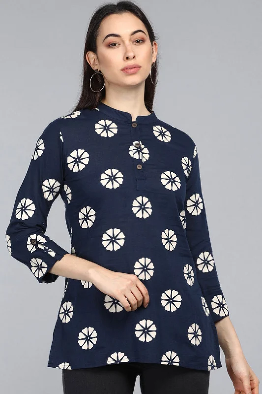 Navy Blue Cotton Floral Print Regular Tunic Top