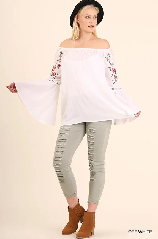 Embroidered Bell Sleeve Tunic, Off White