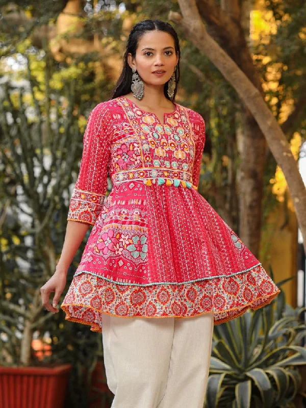 Women Pink Cotton Cambric printed & Embroidered Tunic