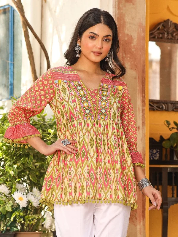 Women Ikat Printed & Embroidered Green Cotton Voile Peplum Tunic