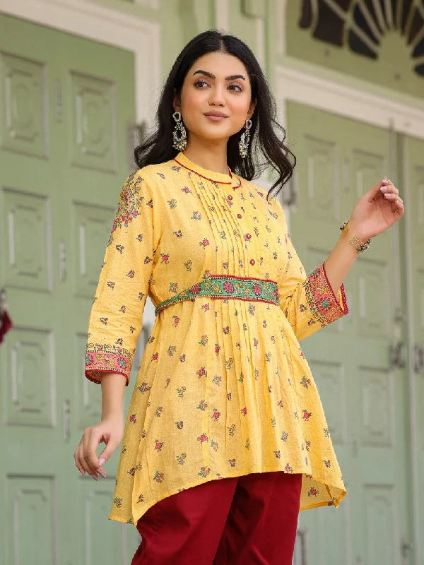 Women Floral Printed Cotton Voile Mustard Peplum Tunic