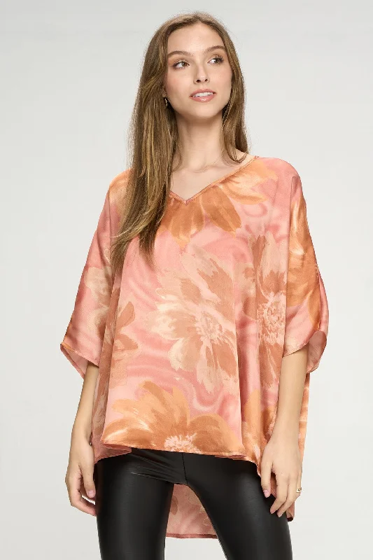 Satin Floral Print Poncho Tunic