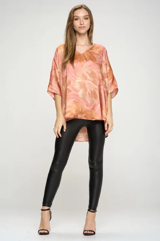 Satin Floral Print Poncho Tunic