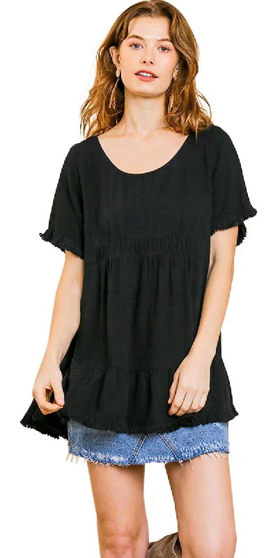 Short Ruffle Sleeve Tunic, Black