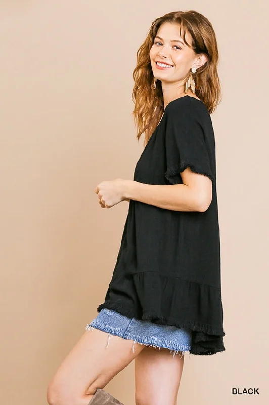 Short Ruffle Sleeve Tunic, Black