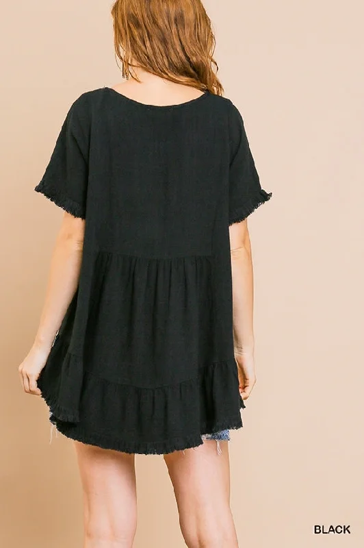 Short Ruffle Sleeve Tunic, Black