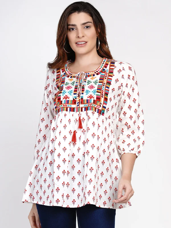 White Printed Tunic With Embroidery