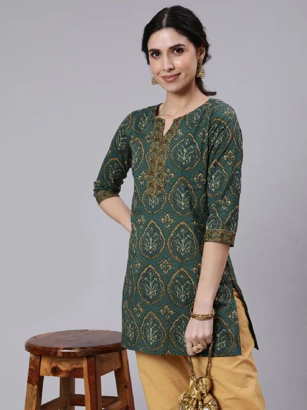 Women Green Ethnic Printed Tunic With Three Quarter Sleevs