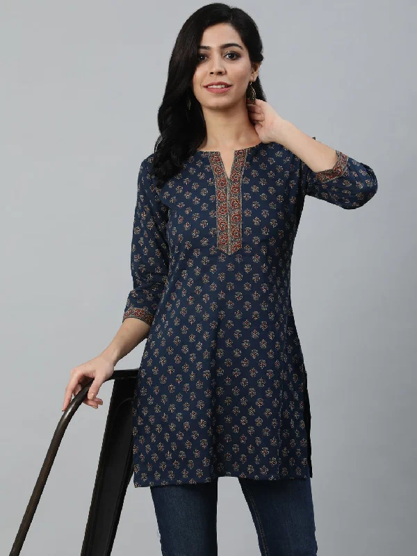 Women Navy Blue And Marron Printed Tunic